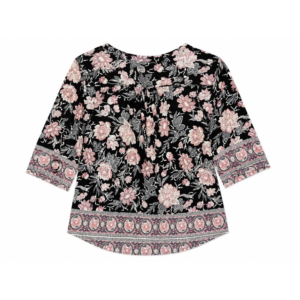Lucky Brand Women's Floral Border Print Peasant Blouse 3/4 Sleeve Black Pink 1X - Picture 3 of 4